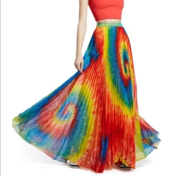Alice + Olivia Rainbow Tie Dye Pleated Shannon Maxi Skirt - 0 - Picture 2 of 6